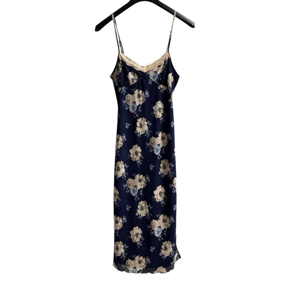 Thirty Thirty Slip Dress M Blue Mesh Floral Babydoll Maxi‎ Lace Trim  Y2K Fairy - Picture 1 of 12